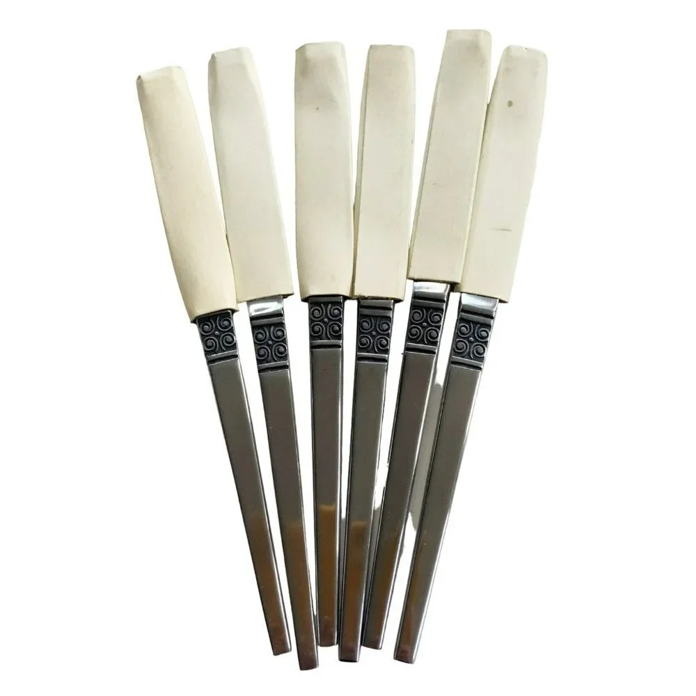 Vintage Ekco Eterna Gemini Dinner Steak Knives Japan MCM Scroll Set of 6